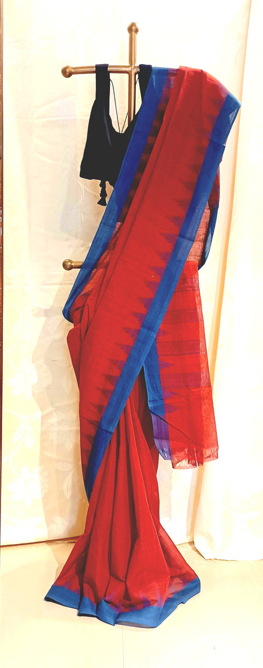 Maroon Red with Indigo blue temple border Ponduru Handspun Handwoven cotton Saree