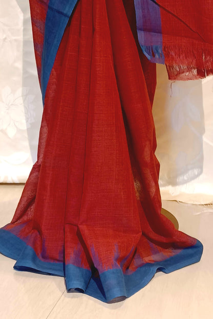 Maroon Red with Indigo blue temple border Ponduru Handspun Handwoven cotton Saree
