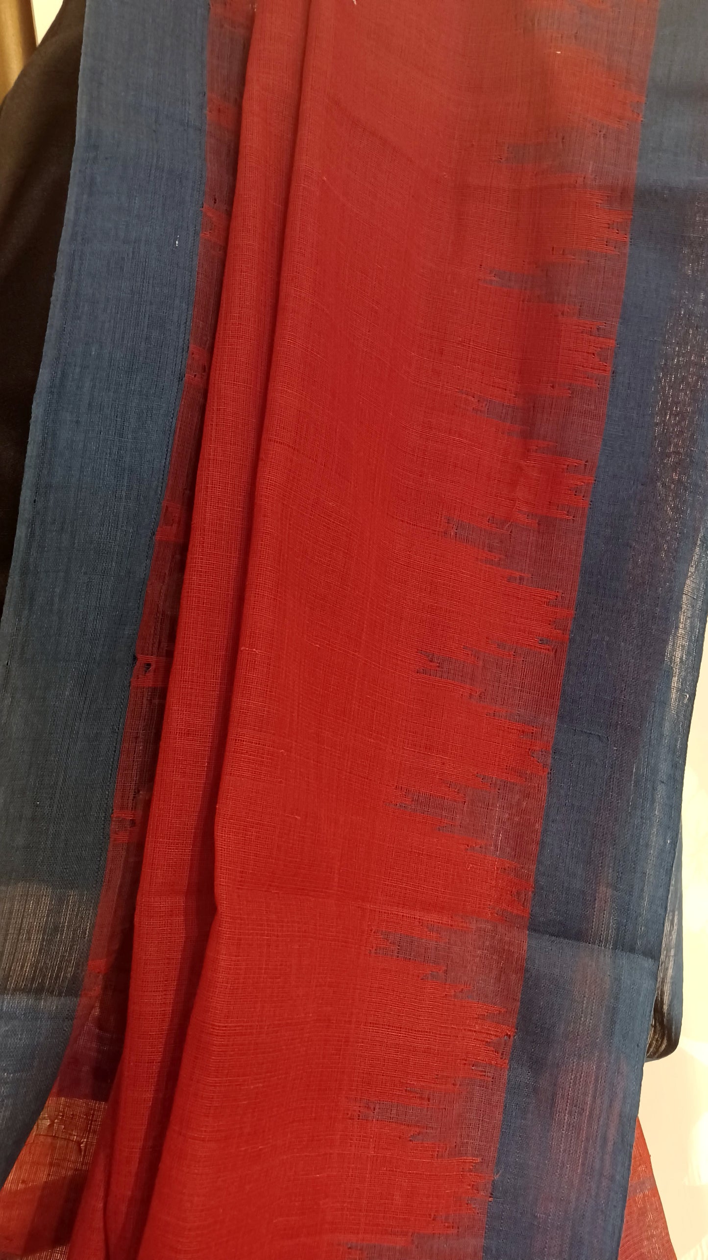 Maroon Red with Indigo blue temple border Ponduru Handspun Handwoven cotton Saree