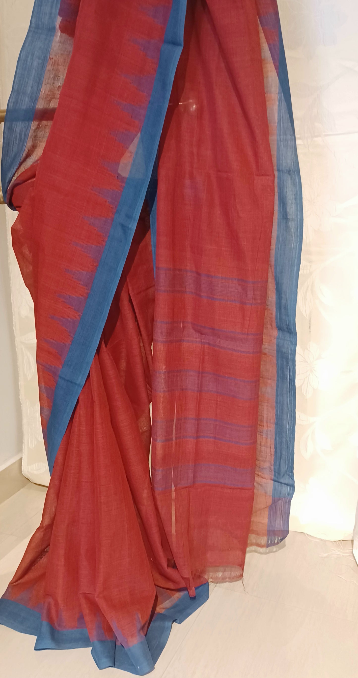 Maroon Red with Indigo blue temple border Ponduru Handspun Handwoven cotton Saree