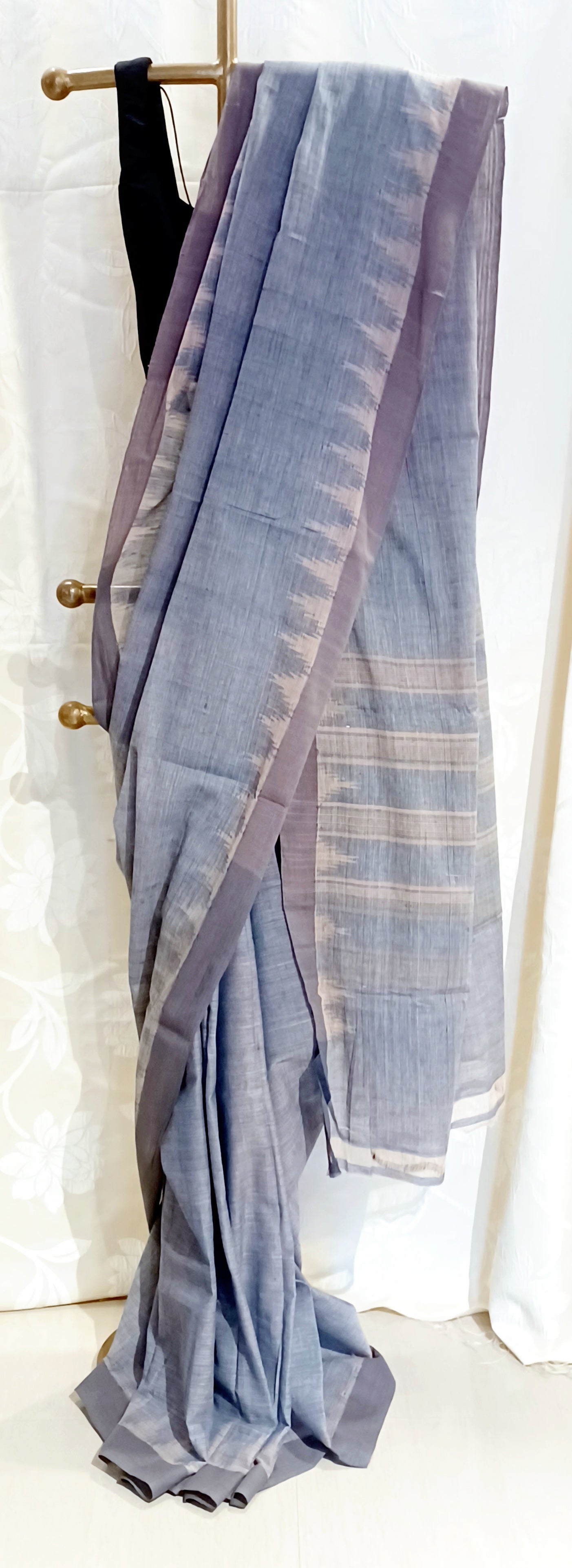 Grey indigo with pale pink temple border Ponduru Handspun Handwoven cotton Saree