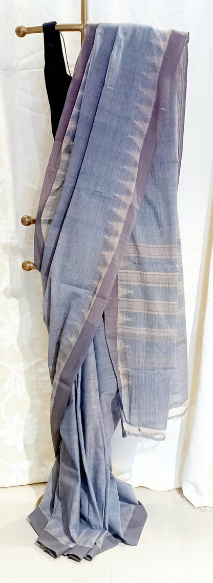Grey indigo with pale pink temple border Ponduru Handspun Handwoven cotton Saree