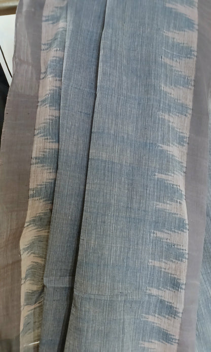 Grey indigo with pale pink temple border Ponduru Handspun Handwoven cotton Saree