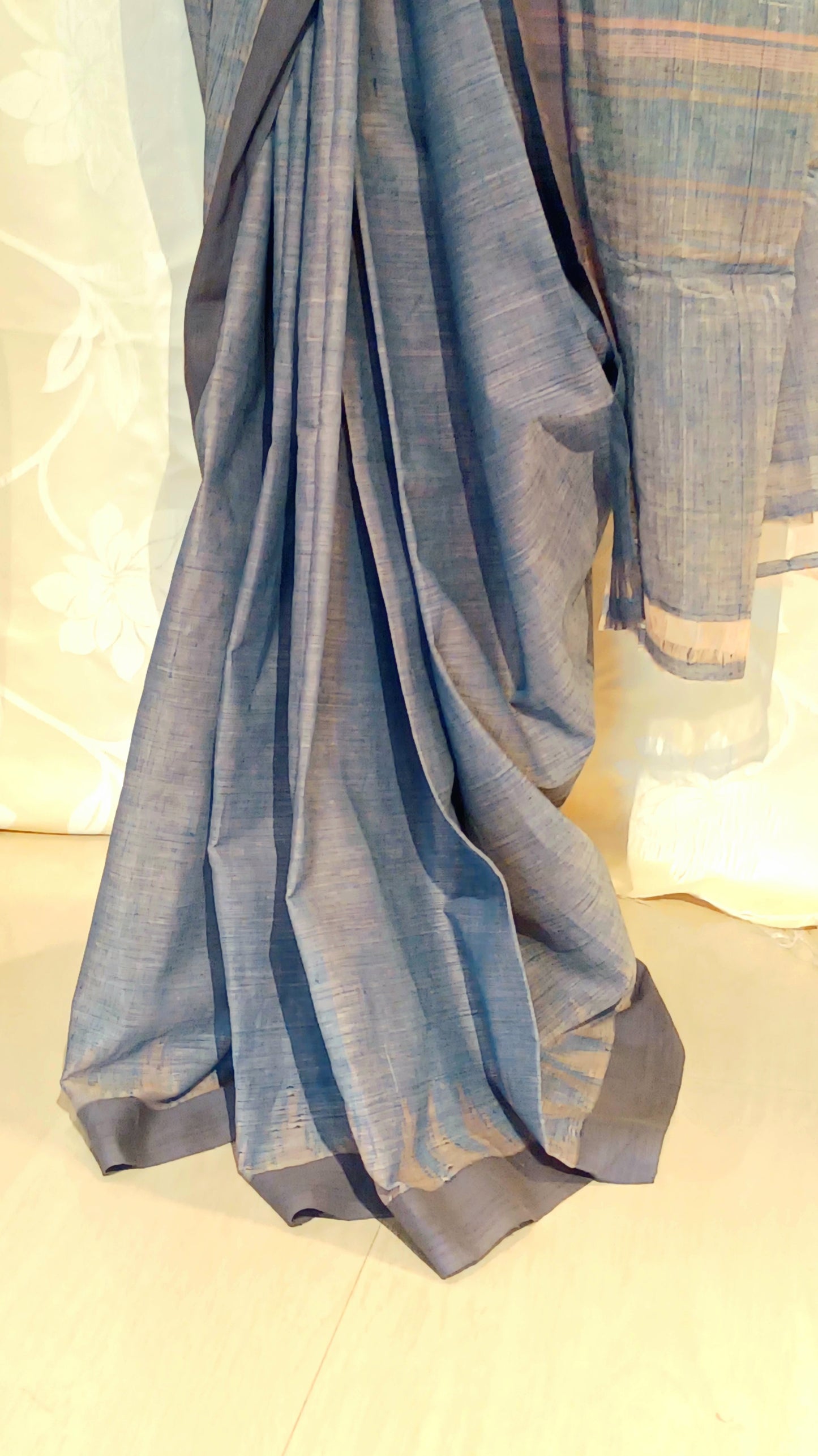 Grey indigo with pale pink temple border Ponduru Handspun Handwoven cotton Saree