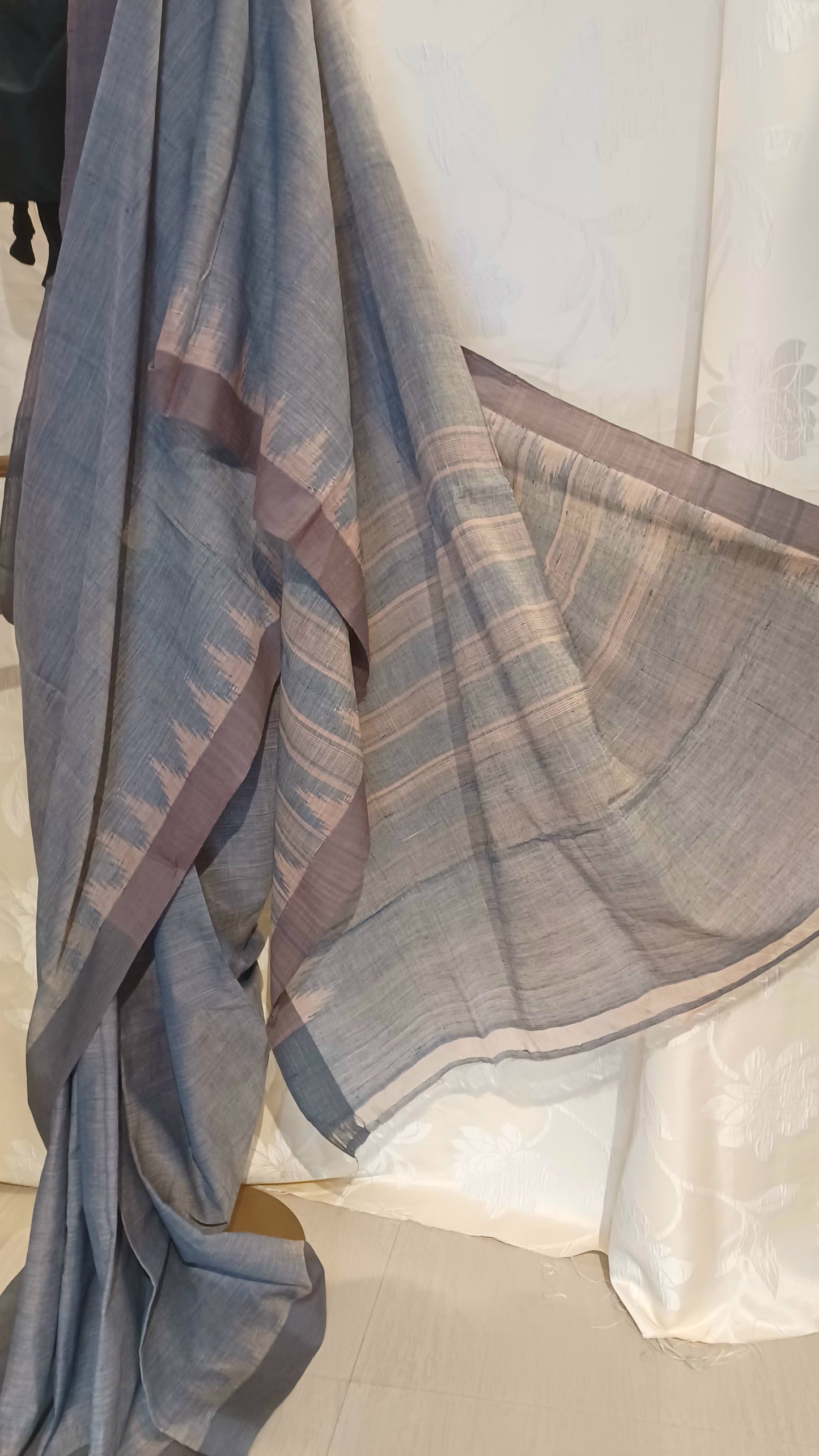 Grey indigo with pale pink temple border Ponduru Handspun Handwoven cotton Saree