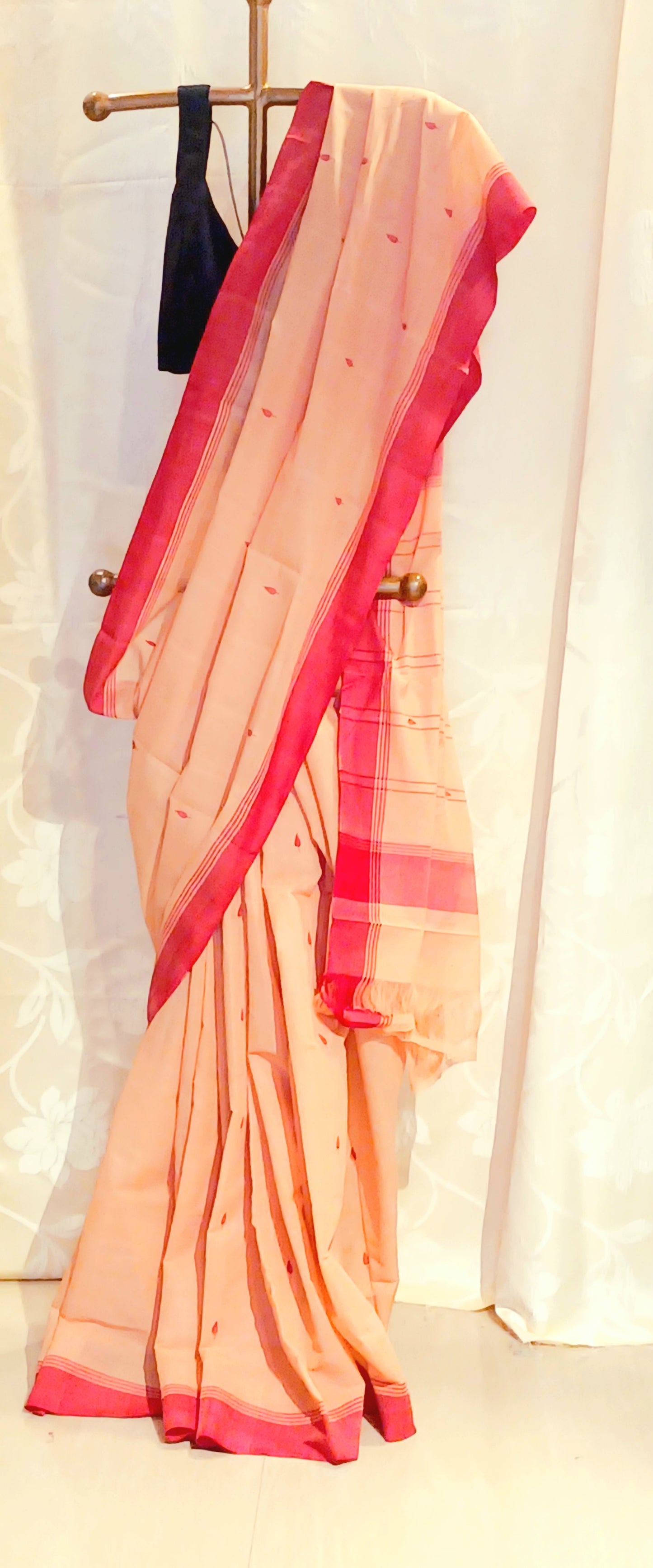 Beige with red border Ponduru Jamdani Handspun Handwoven cotton Saree