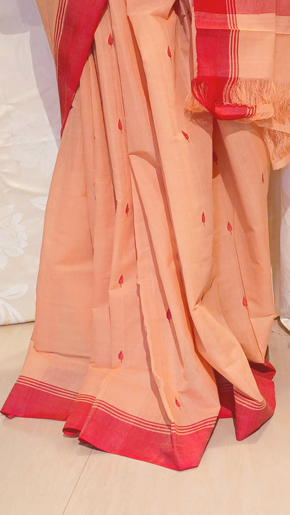 Beige with red border Ponduru Jamdani Handspun Handwoven cotton Saree