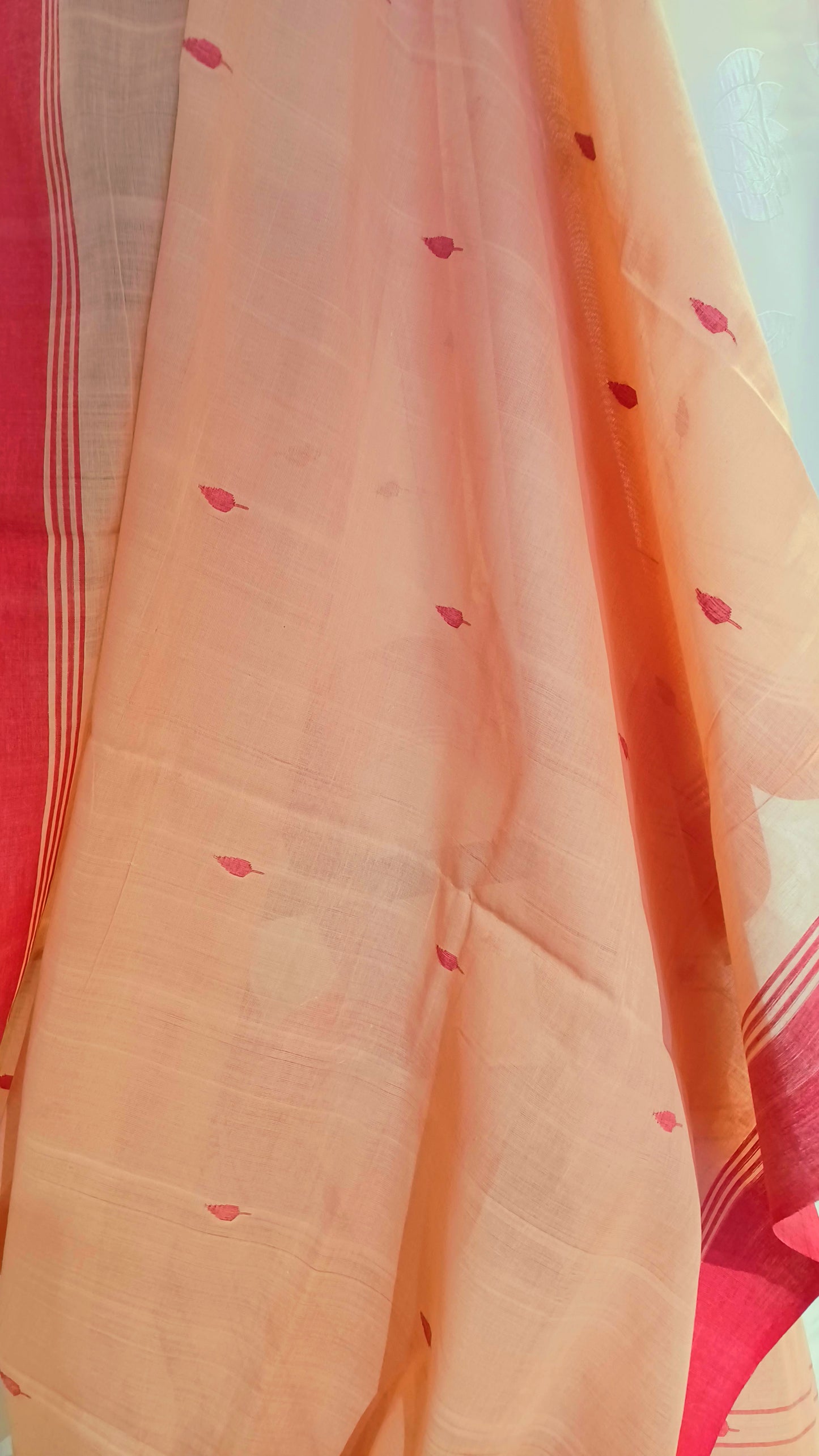 Beige with red border Ponduru Jamdani Handspun Handwoven cotton Saree