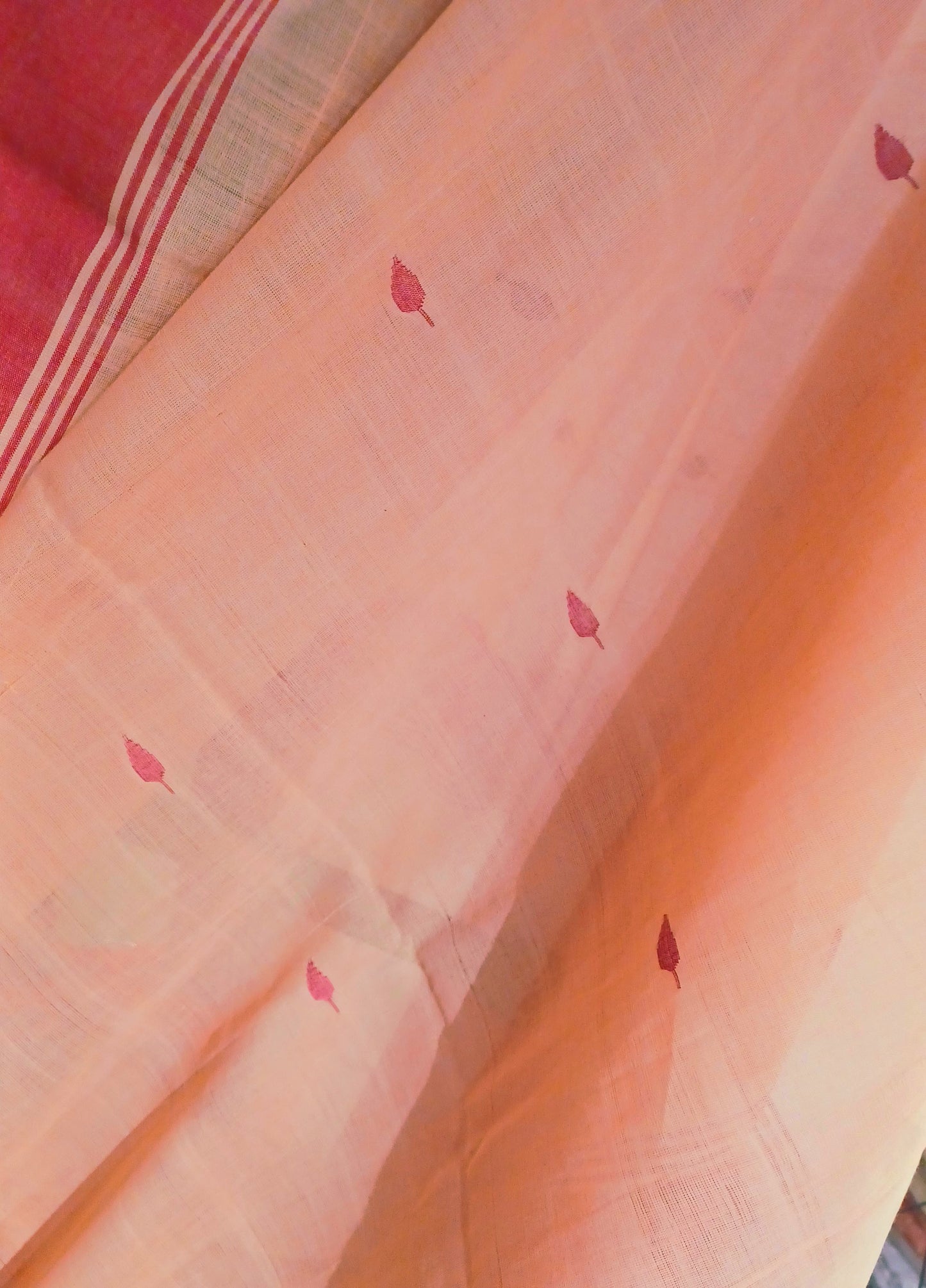 Beige with red border Ponduru Jamdani Handspun Handwoven cotton Saree
