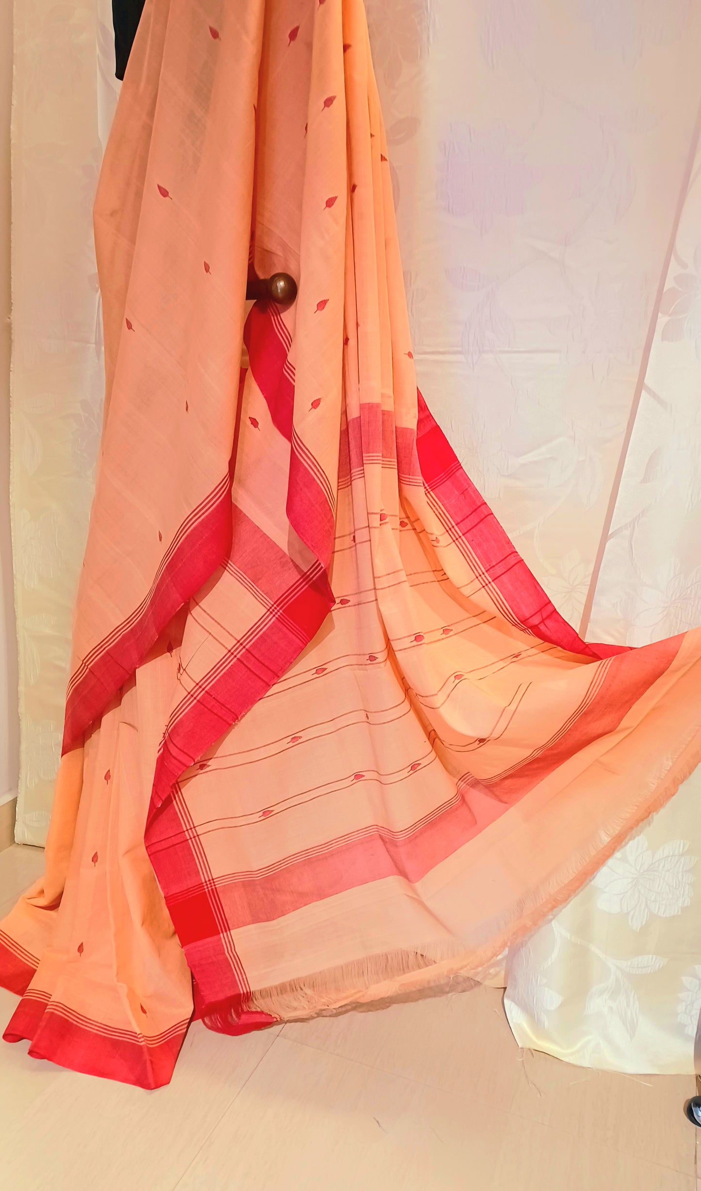Beige with red border Ponduru Jamdani Handspun Handwoven cotton Saree