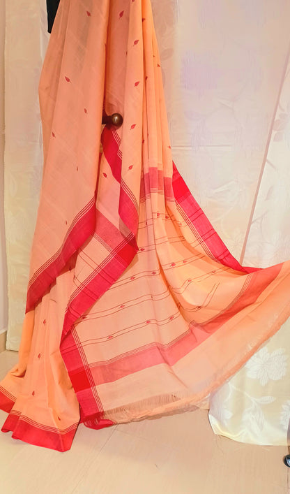 Beige with red border Ponduru Jamdani Handspun Handwoven cotton Saree