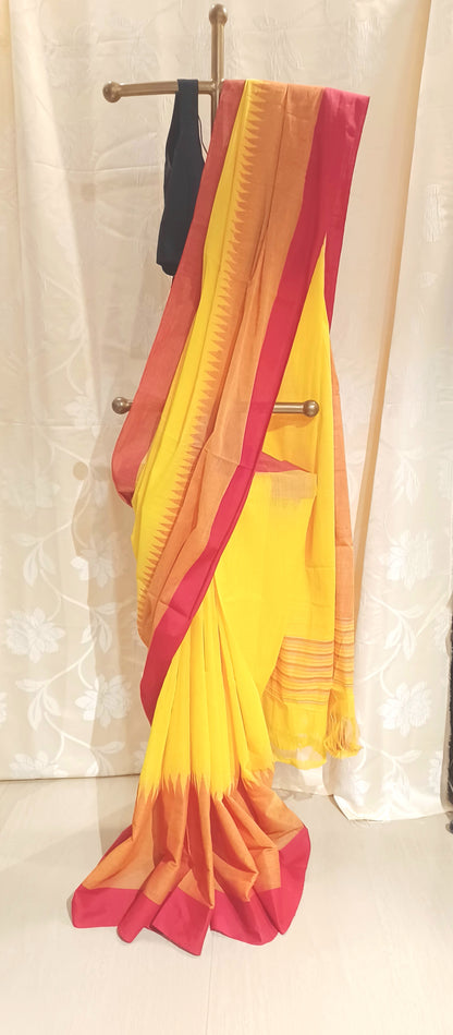 Yellow with red temple border Ponduru Handspun Handwoven cotton Saree