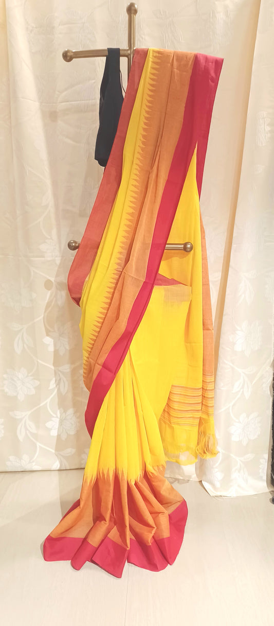 Yellow with red temple border Ponduru Handspun Handwoven cotton Saree
