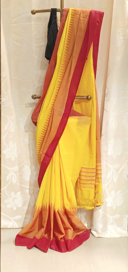 Yellow with red temple border Ponduru Handspun Handwoven cotton Saree
