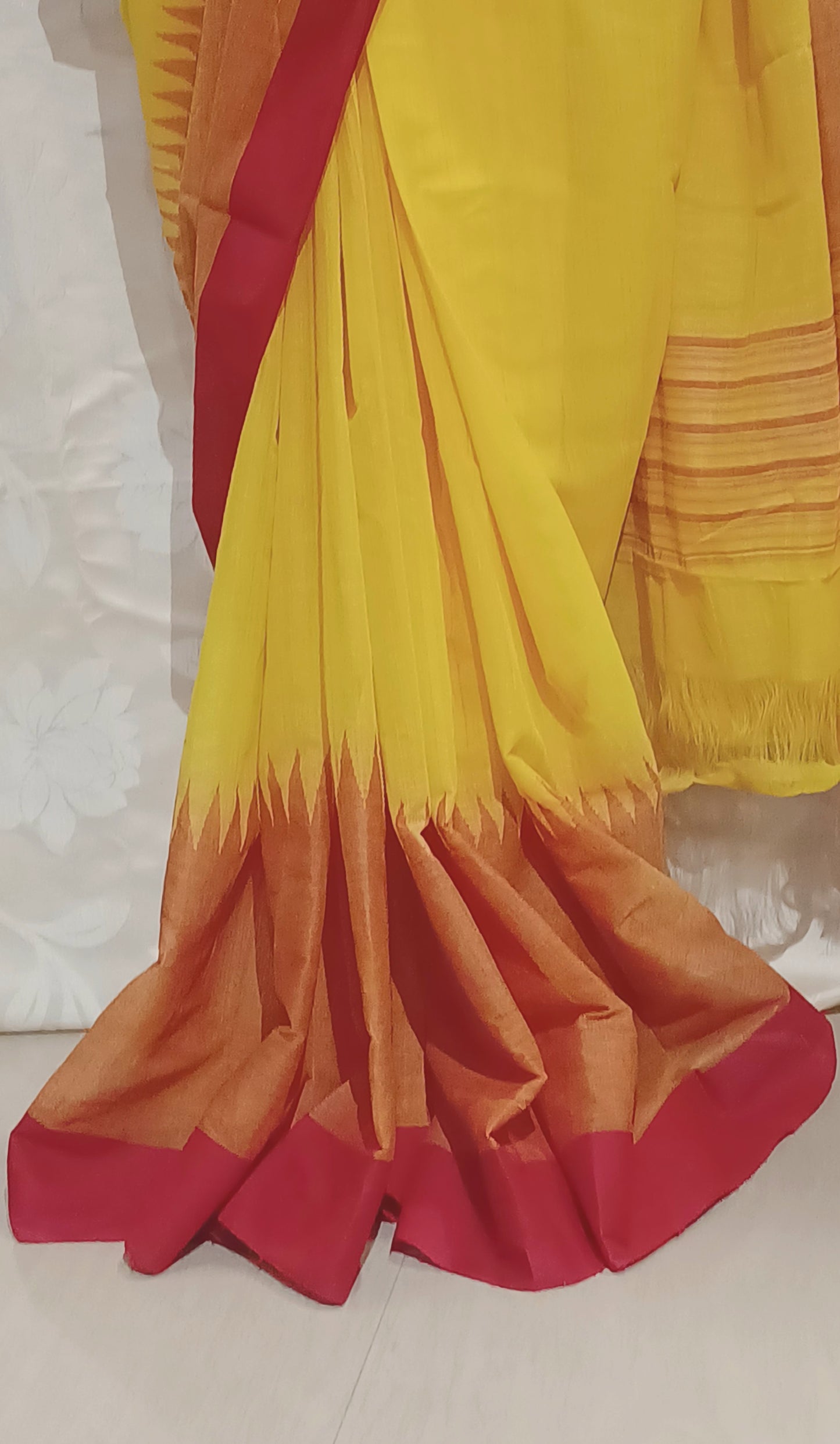 Yellow with red temple border Ponduru Handspun Handwoven cotton Saree