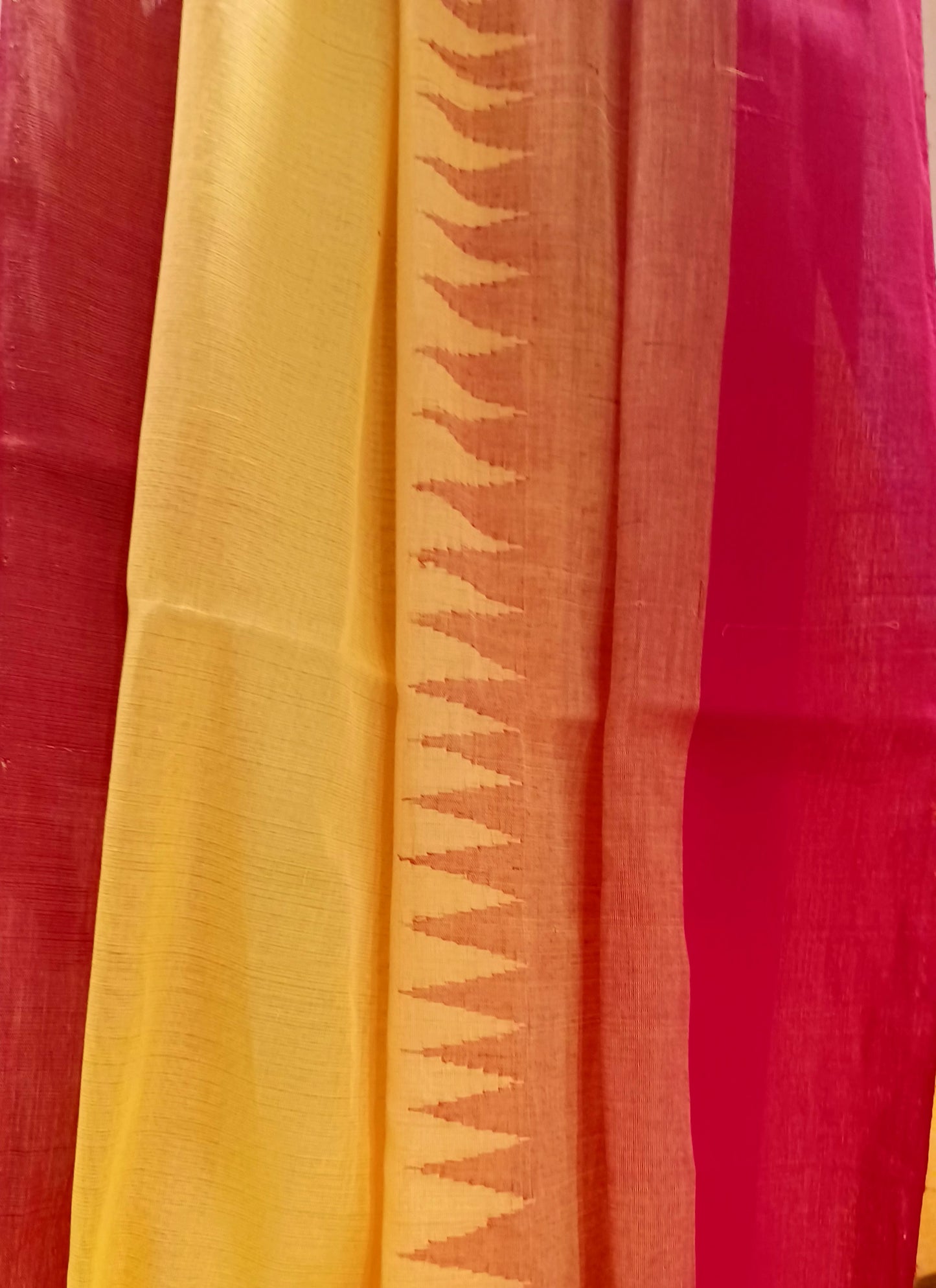 Yellow with red temple border Ponduru Handspun Handwoven cotton Saree