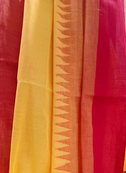 Yellow with red temple border Ponduru Handspun Handwoven cotton Saree