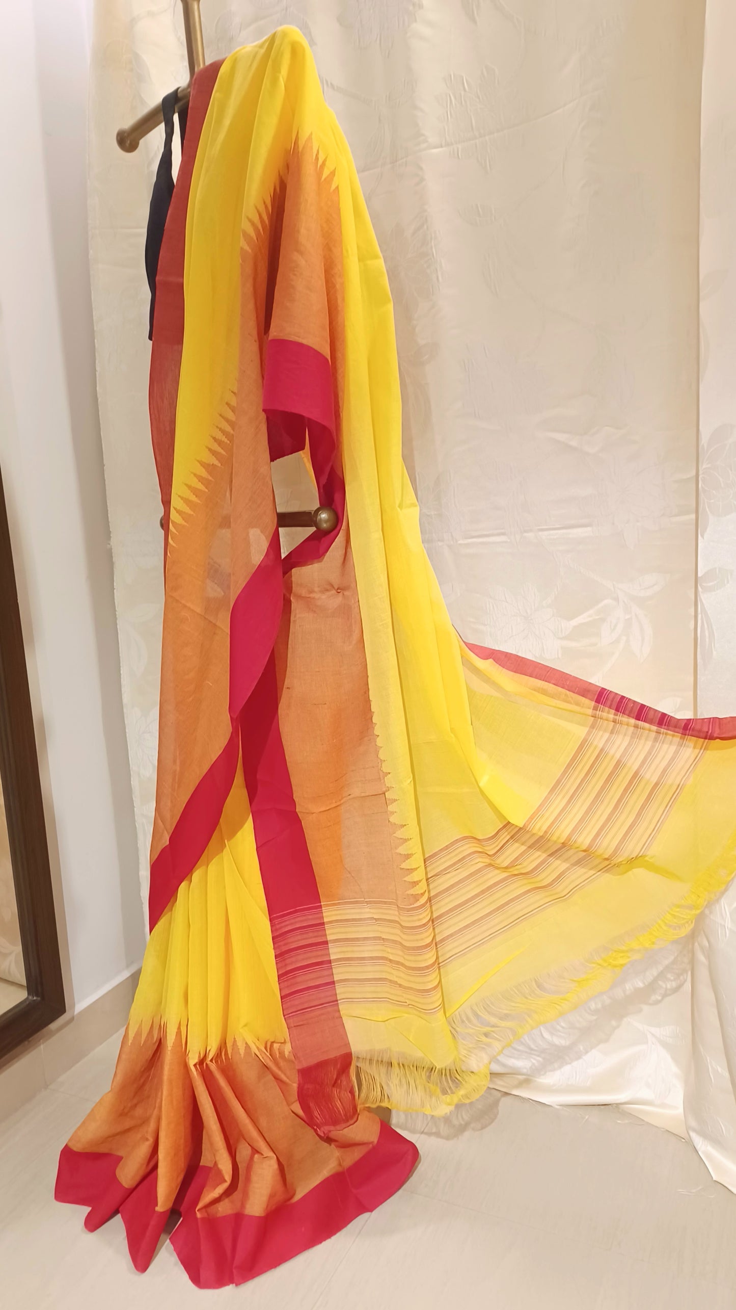 Yellow with red temple border Ponduru Handspun Handwoven cotton Saree