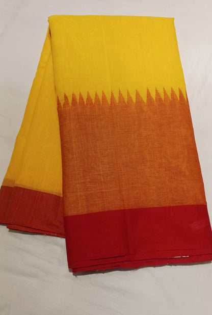 Yellow with red temple border Ponduru Handspun Handwoven cotton Saree