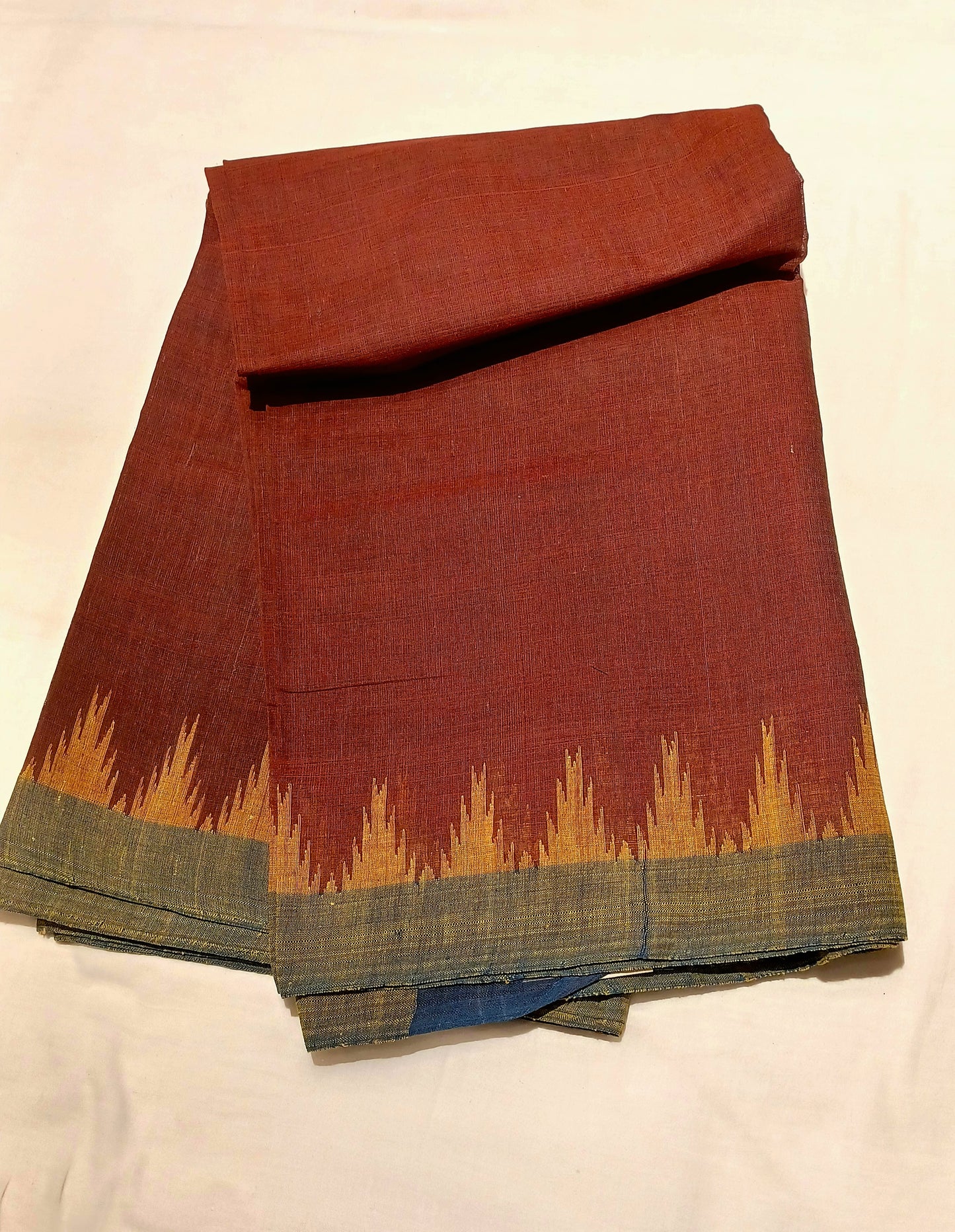 Terracota Brown with beige / indigo blue temple border Ponduru Handspun Handwoven cotton Saree