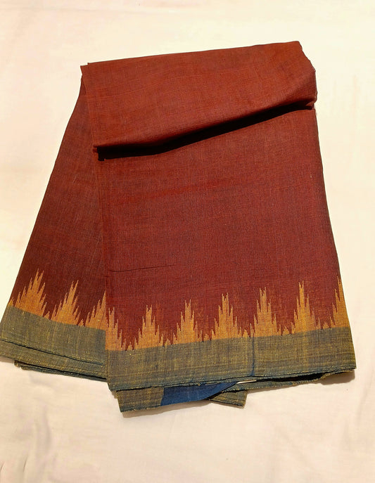 Terracota Brown with beige / indigo blue temple border Ponduru Handspun Handwoven cotton Saree