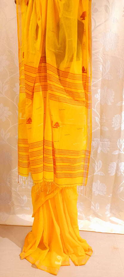 Yellow handwoven bengal cotton Jamdani saree
