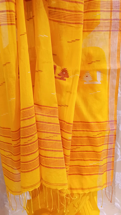 Yellow handwoven bengal cotton Jamdani saree
