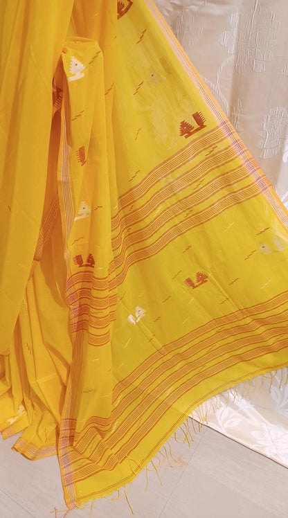 Yellow handwoven bengal cotton Jamdani saree