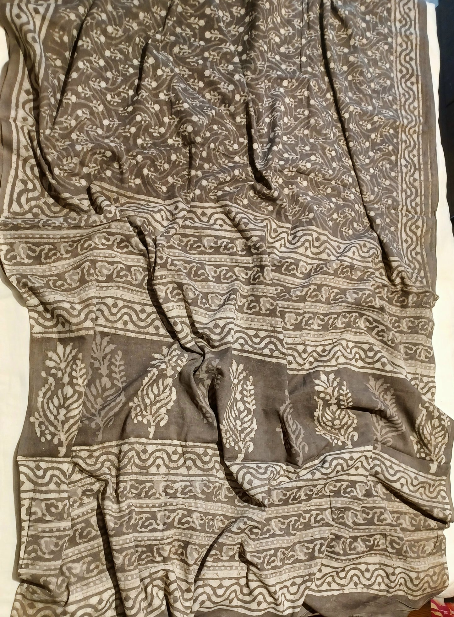 Brownish grey soft cotton dabu handblock print saree
