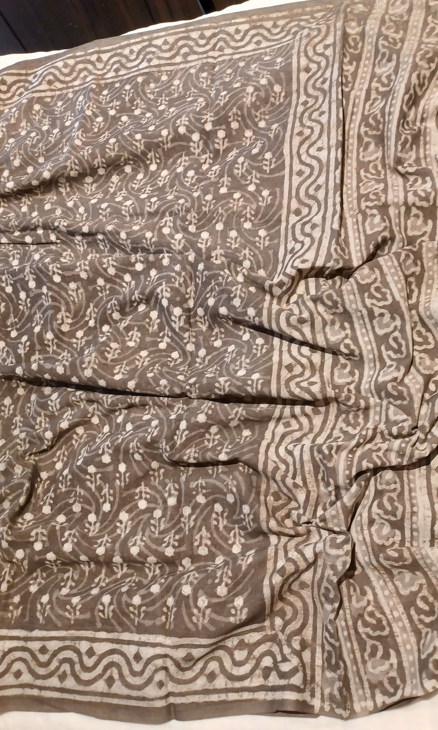 Brownish grey soft cotton dabu handblock print saree pallu
