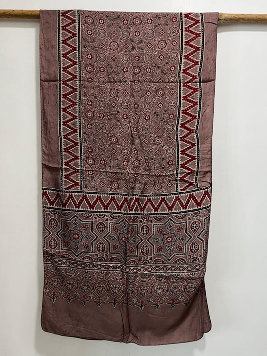 Brown and Red - Ajrakh Handblock printed Modal Silk Stole