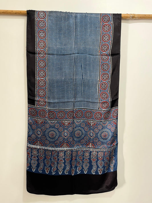 Black and Indigo Blue - Ajrakh Handblock printed Modal Silk Stole