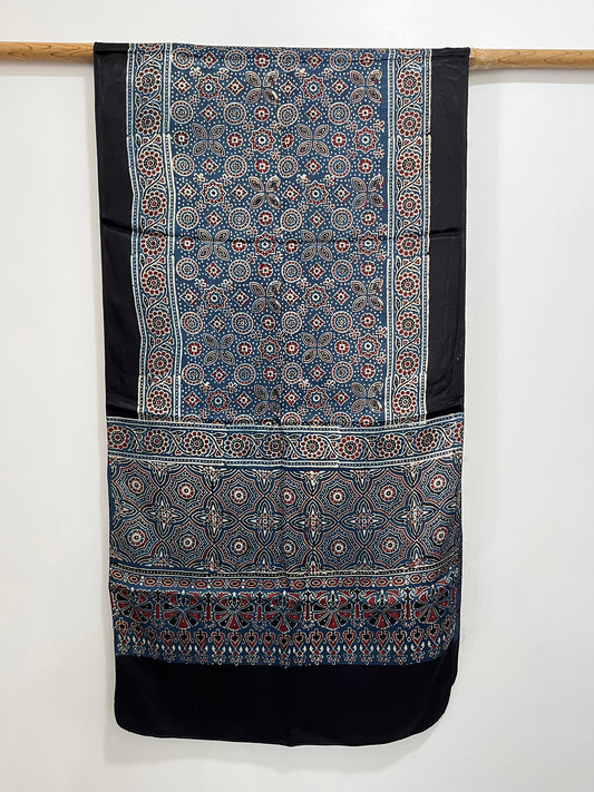 Black and Indigo Blue - Ajrakh Handblock printed Modal Silk Stole