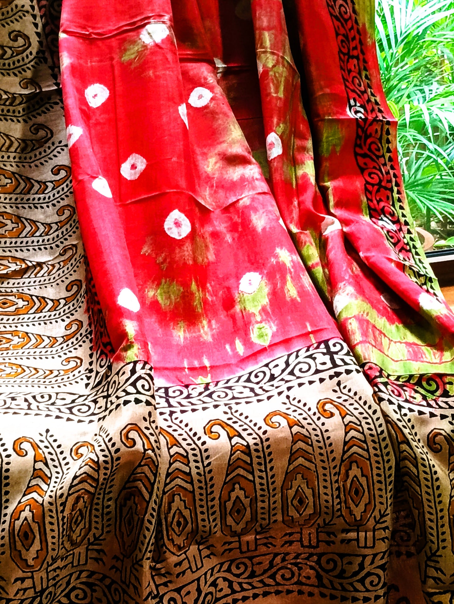 Electric Crimson Handcrafted Chennuri Silk saree with Bandhani and Kalamkari