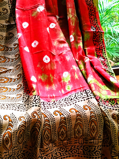 Electric Crimson Handcrafted Chennuri Silk saree with Bandhani and Kalamkari