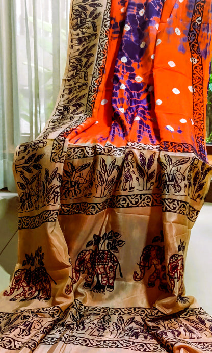 Bright Orange Handcrafted Chennuri Silk saree with Bandhani and Kalamkari