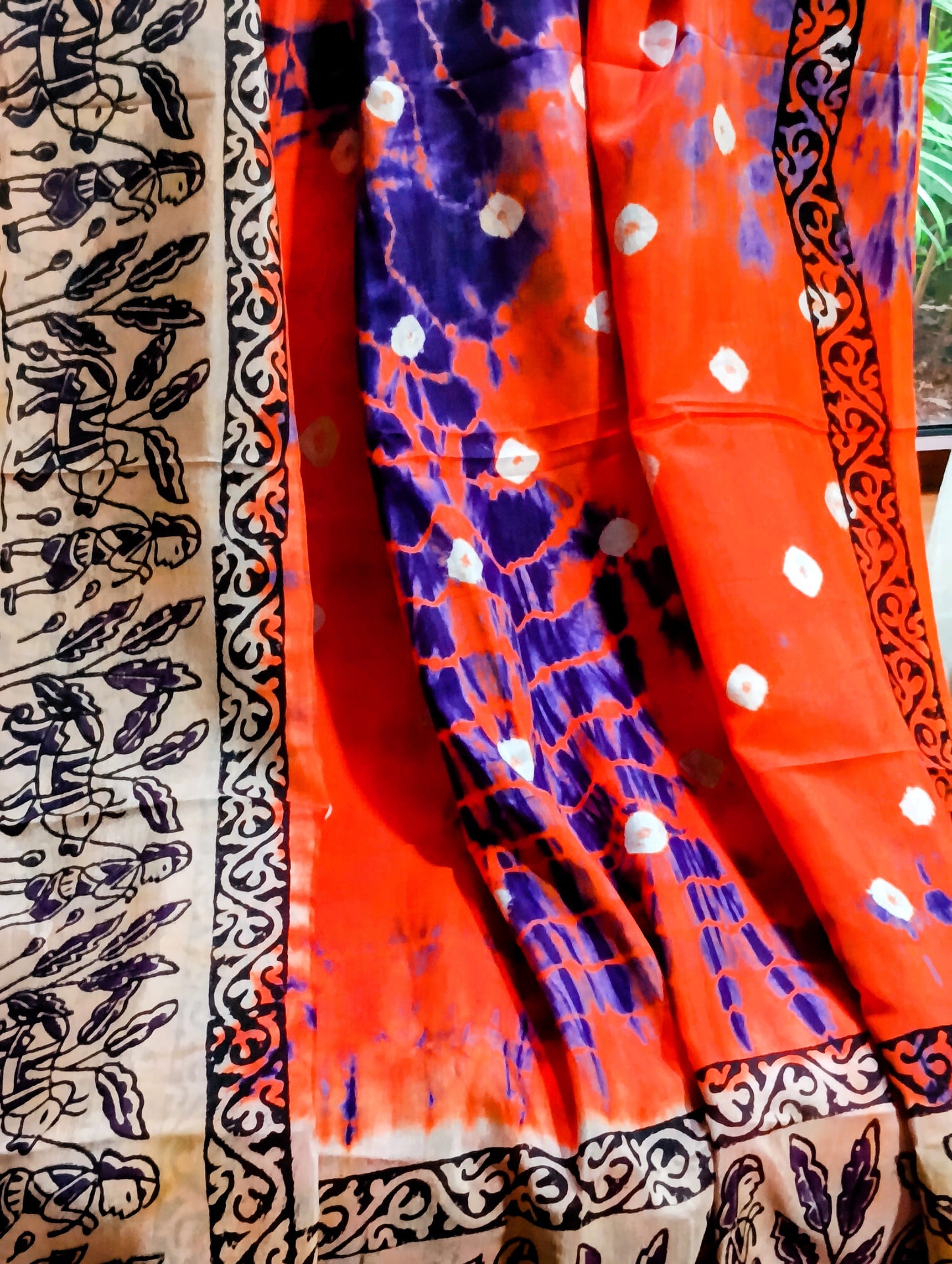 Bright Orange Handcrafted Chennuri Silk saree with Bandhani and Kalamkari
