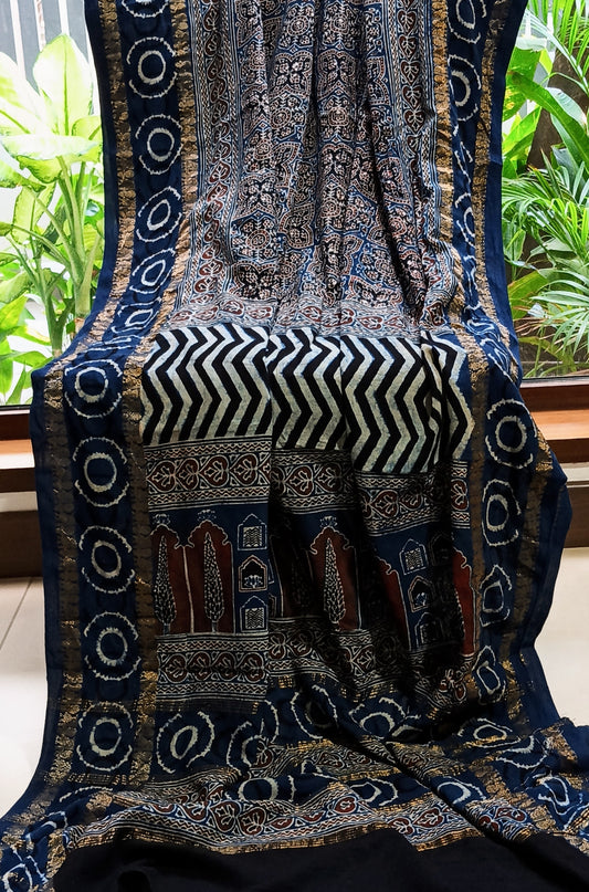 Indigo Blue Madurai Sungudi Cotton Designer Ajrakh Handblock printed saree