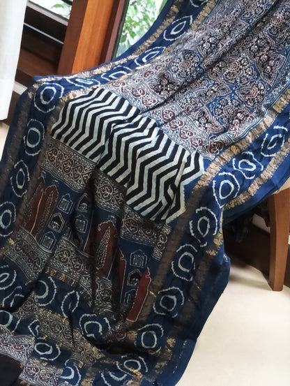 Indigo Blue Madurai Sungudi Cotton Designer Ajrakh Handblock printed saree