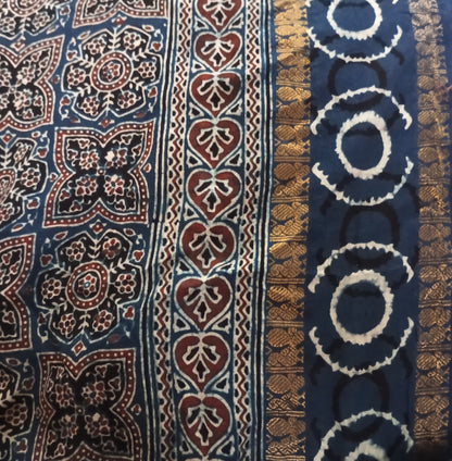 Indigo Blue Madurai Sungudi Cotton Designer Ajrakh Handblock printed saree