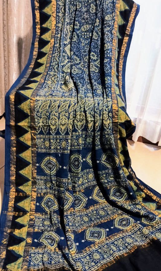 Indigo Blue Madurai Sungudi Cotton Designer Ajrakh Handblock printed saree