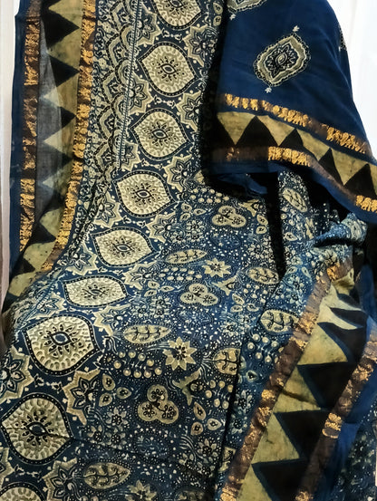 Indigo Blue Madurai Sungudi Cotton Designer Ajrakh Handblock printed saree