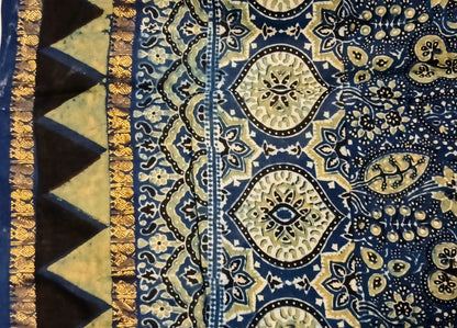 Indigo Blue Madurai Sungudi Cotton Designer Ajrakh Handblock printed saree