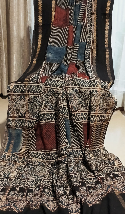 Black Madurai Sungudi Cotton Designer Ajrakh Handblock printed saree