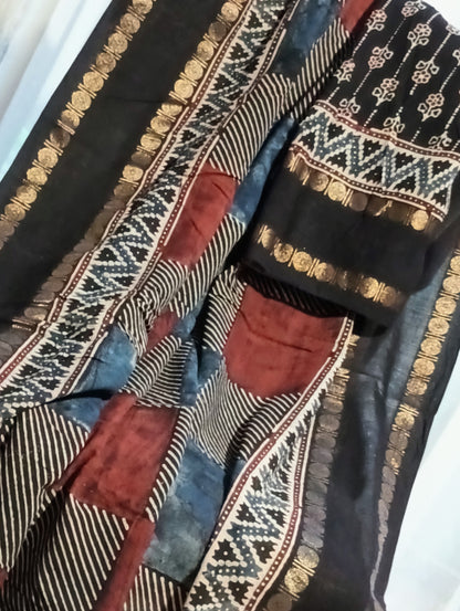 Black Madurai Sungudi Cotton Designer Ajrakh Handblock printed saree