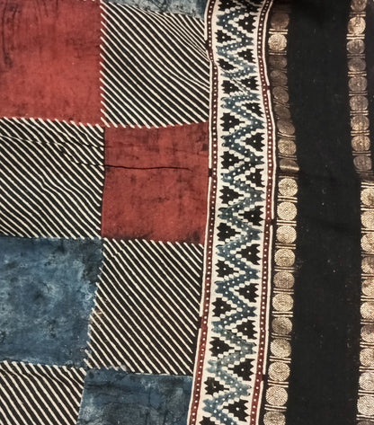 Black Madurai Sungudi Cotton Designer Ajrakh Handblock printed saree