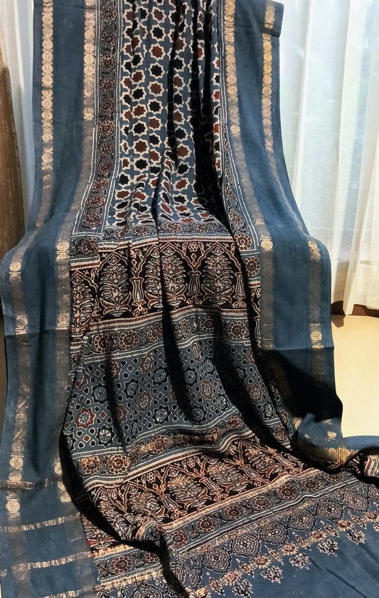 Light Indigo blue Madurai Sungudi Cotton Designer Ajrakh Handblock printed saree