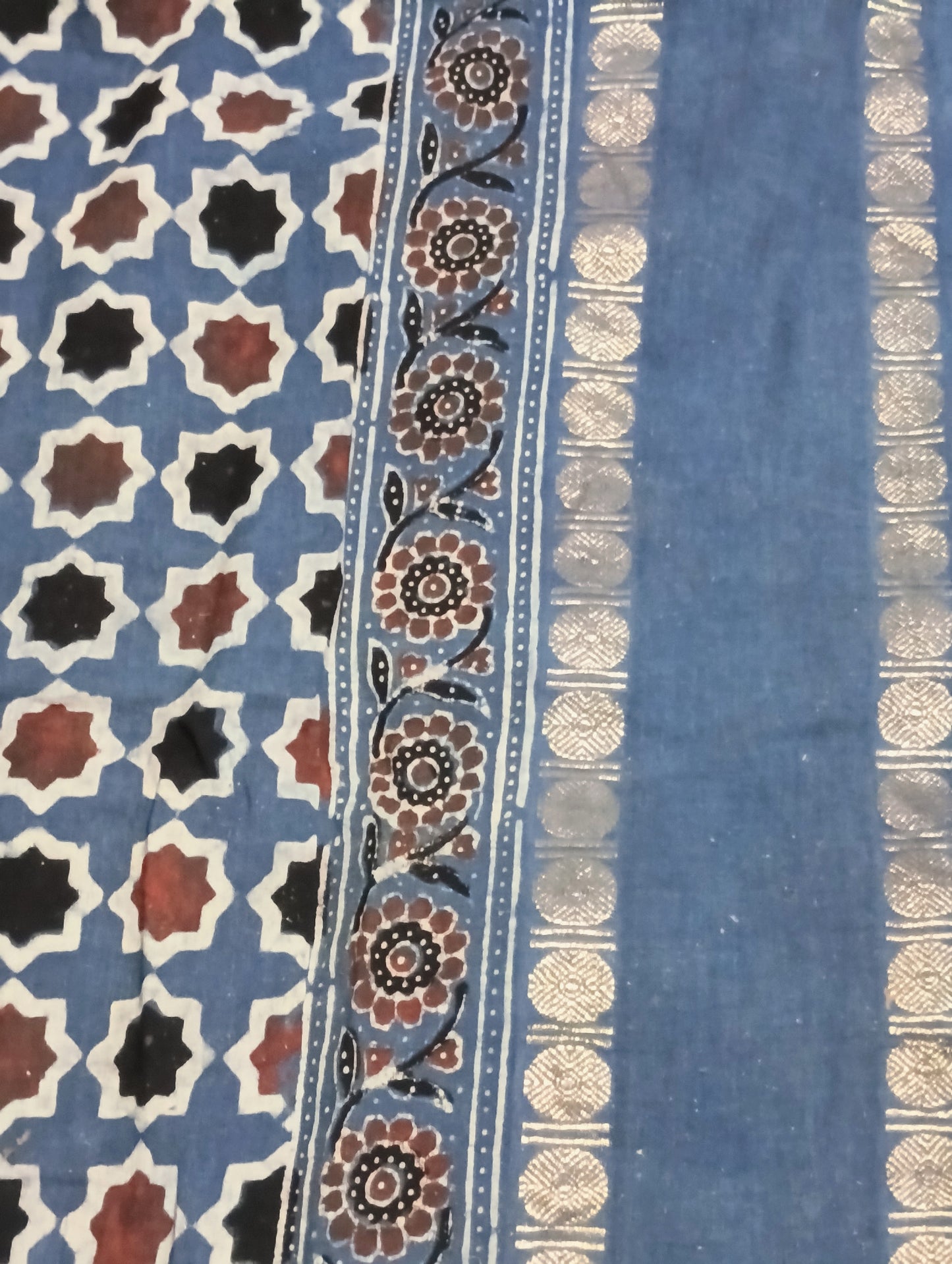 Light Indigo blue Madurai Sungudi Cotton Designer Ajrakh Handblock printed saree