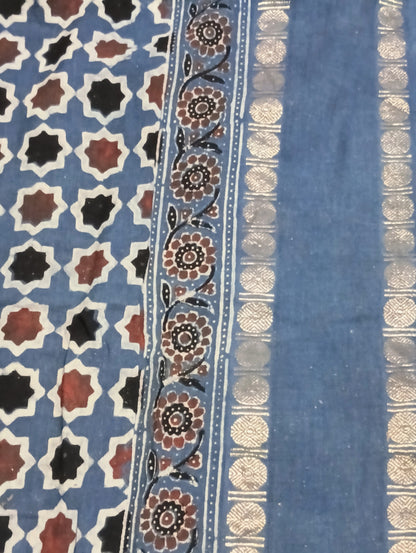 Light Indigo blue Madurai Sungudi Cotton Designer Ajrakh Handblock printed saree
