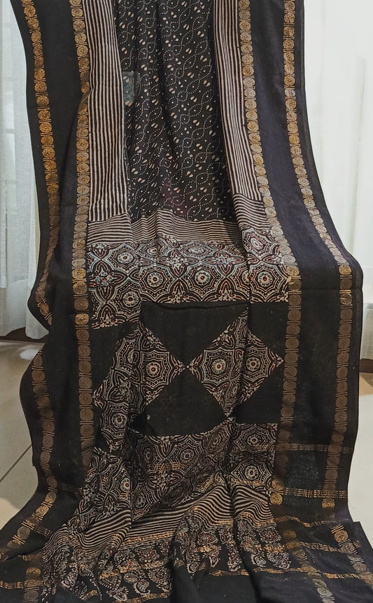 Black Madurai Sungudi Cotton Designer Ajrakh Handblock printed saree (ON SALE due to a small hole in the pallu)